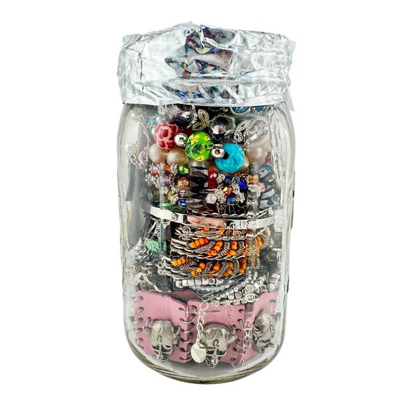 1 Lb 12 oz Jewelry Jar Silver Tone Vintage Modern Bracelets Necklaces Earrings - Picture 1 of 9
